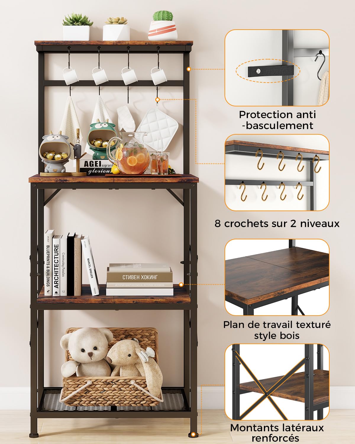 COMHOMA Étagère de Cuisine, Etagere Rangement pour Machine à Café, Étagère de Boulanger, 3 Étagères et 8 Crochets, pour Four à Micro-Ondes, Réglables, Cadre en métal, 55x37x126cm, Marron Rustique