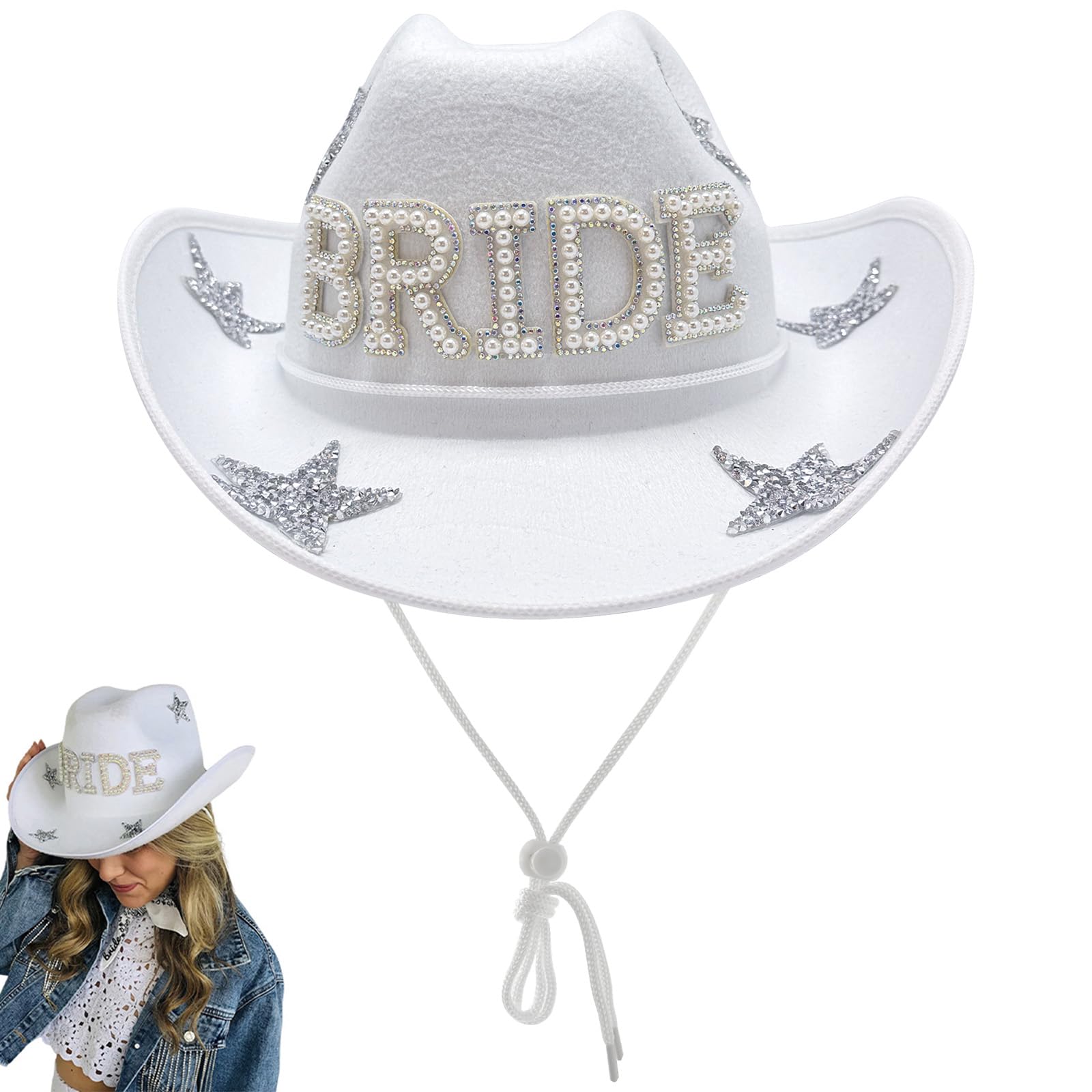 ZOOMPIL Bride Cowgirl Hat, Felt Cowboy Hats for Women, White Cowboy Hat - Felt Cowboy Hat with Adjustable Neck Draw String, Fits Most Women for Wedding Decoration Bridal Shower Engagement Party