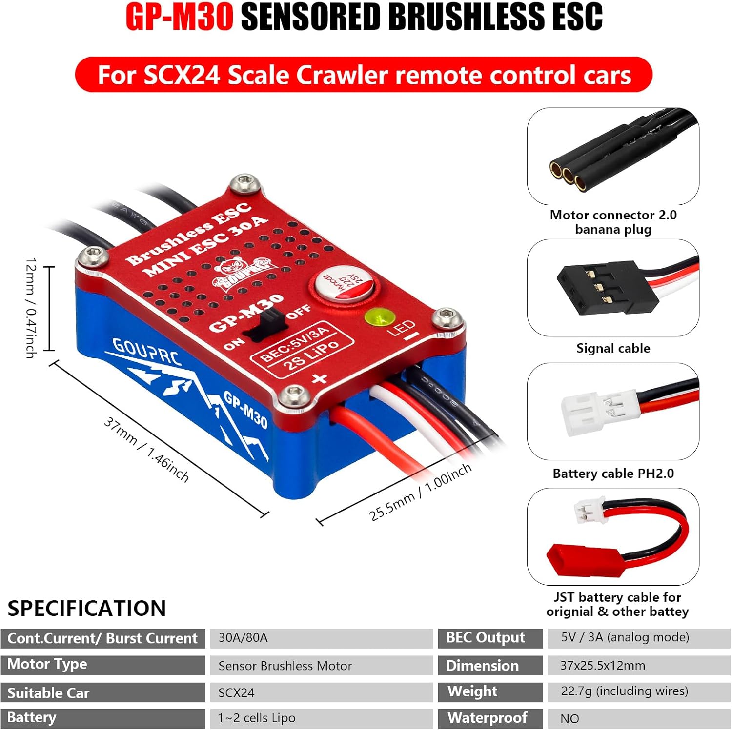 GOUPRC 30A Brushless Mini ESC & 2204 2400KV Brushless Outrunner Motor with Transmission Combo Kit for SCX24 Axial 1/24 RC Crawler Car Truck Blue Red