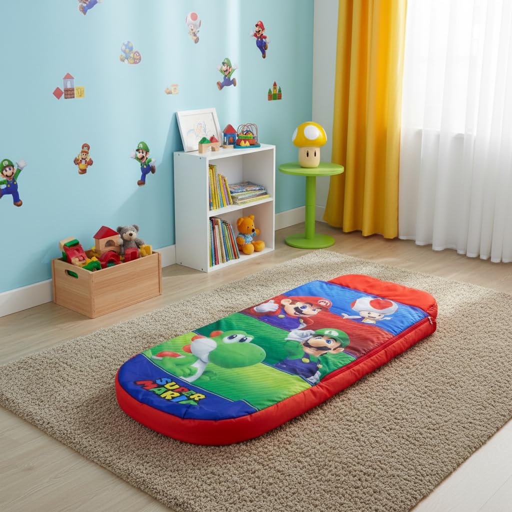 Nintendo Offiziell lizenzierte ReadyBed Luftmatratze | Aufblasbares Kinderbett mit integrierter Schlafsackfunktion und Pumpe | Design „Squad“ | Perfekt für Reisen, Camping oder Zuhause