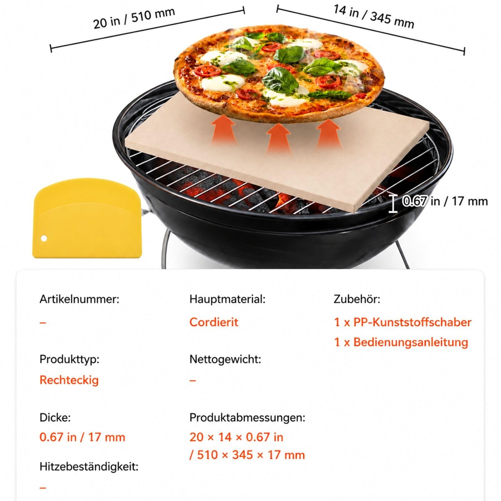 Rechteckiger Cordierit-Pizzastein mit PP-Schaber für Ofen, Brotbacken und Grill