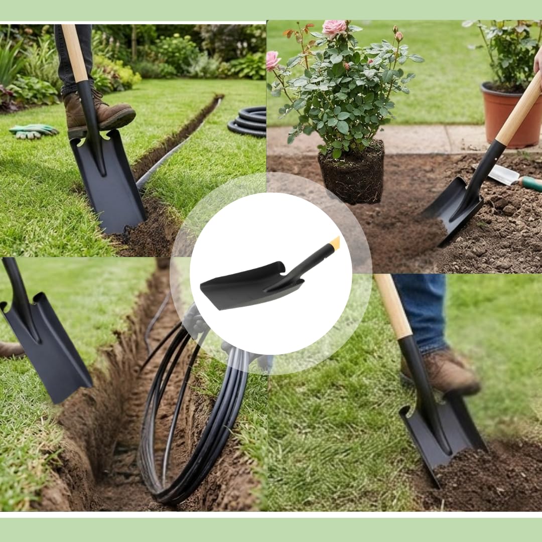 Grabenschaufel Schmal | Mit Holzstiel & D-Griff | Komfortable Gesamtlänge 130 cm | Drainagespaten Kabelspaten für präzise Gräben