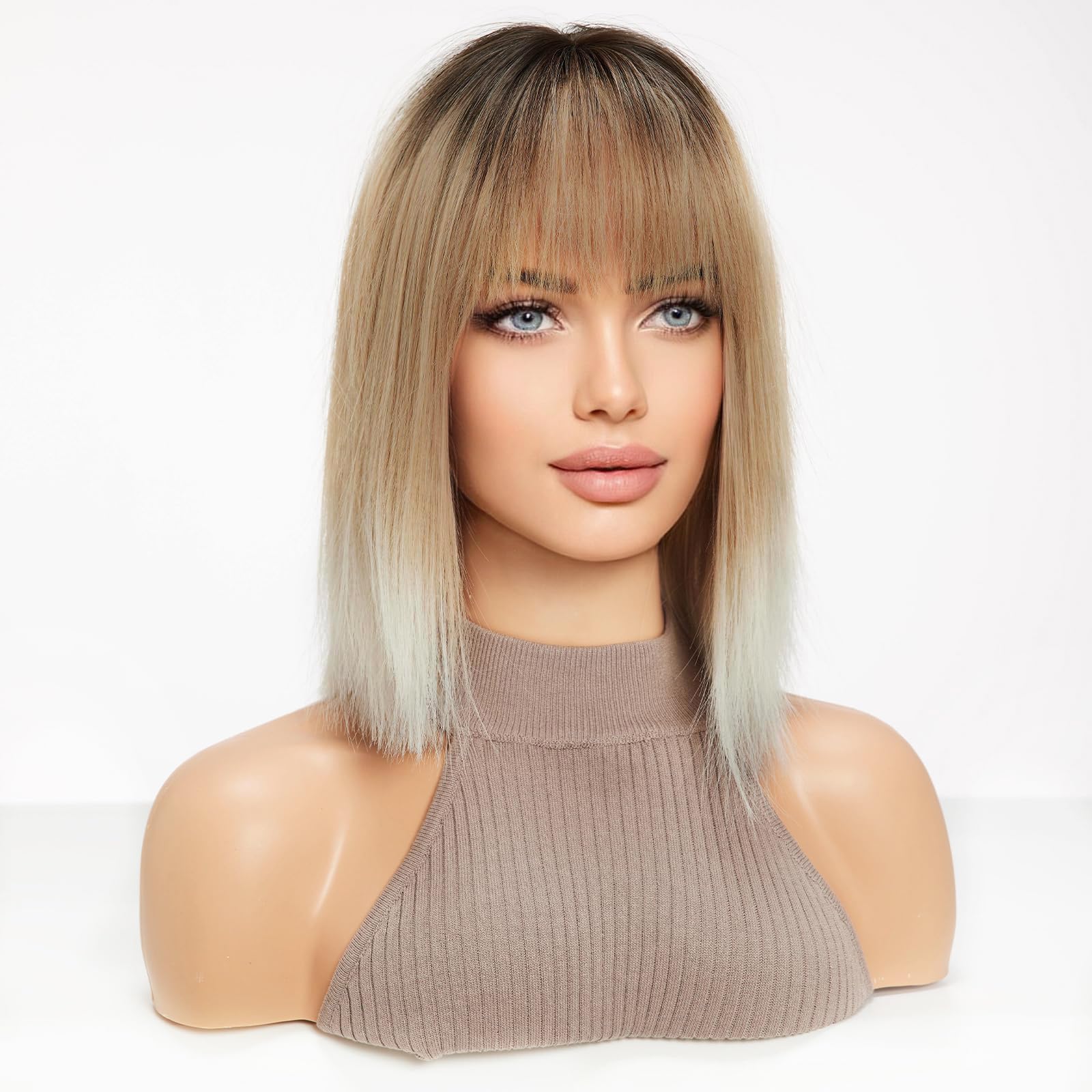 HAIRCUBE Parrucche Lisce per Donna, Parrucca di Capelli Sintetici con Frangetta (da Biondo Candeggina a Bianco)