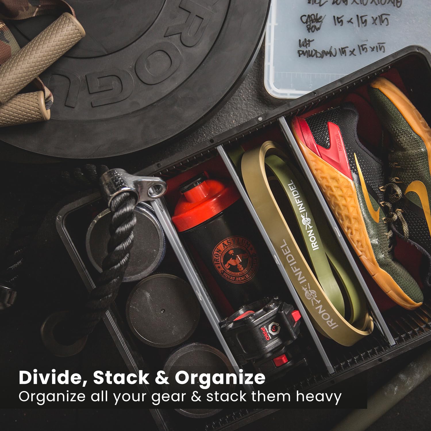 SIDIO Crate Basic Pack – 2 contenedores apilables de tamaño completo y 1 medio tamaño resistente, contenedores con divisores – Organizador de plástico duradero para el hogar, oficina, garaje y uso al