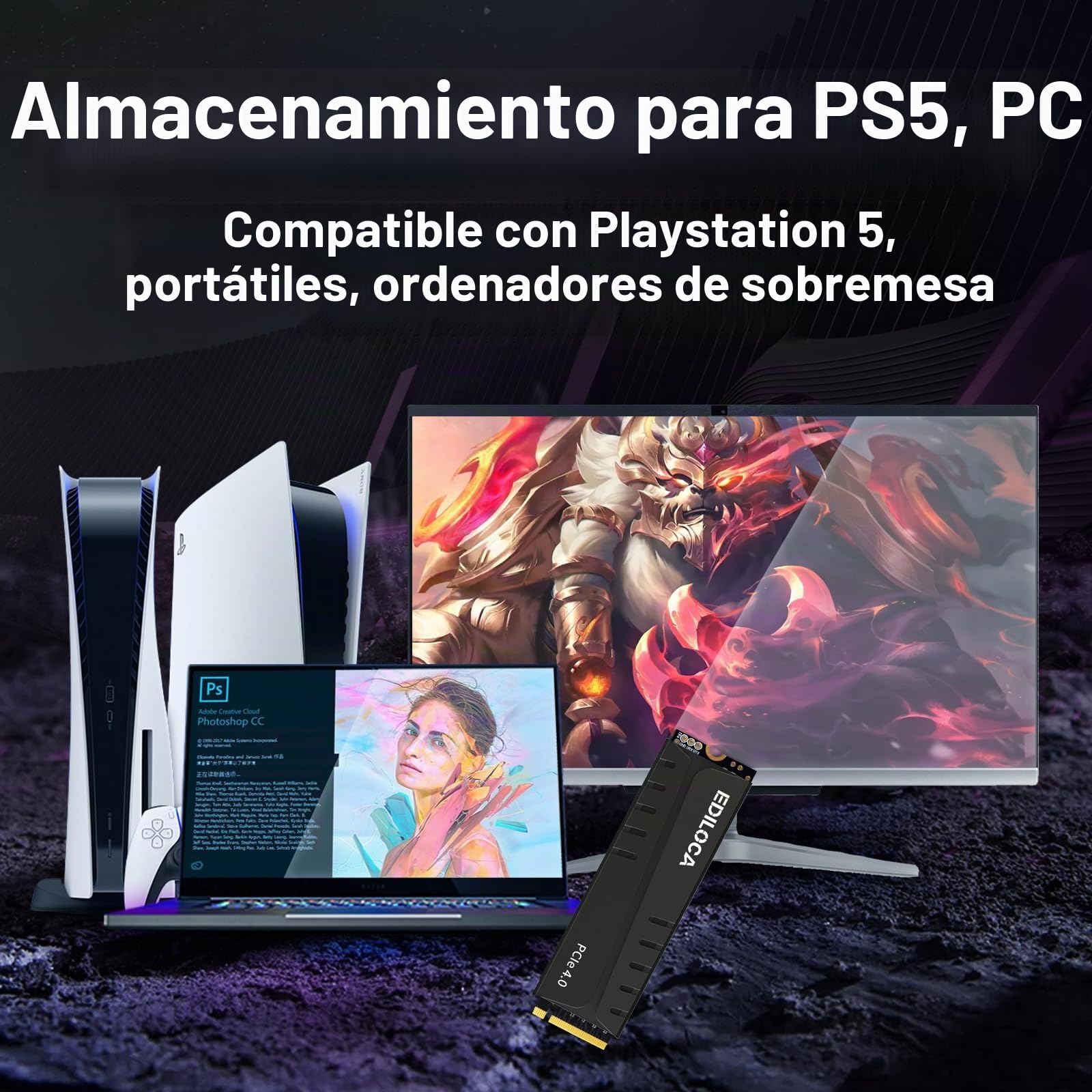 Ediloca Disco Duro Interno para Videojuegos con disipador de Calor, 4 TB hasta 7400 MB/s, PCIe Gen4, NVMe1.4 M.2 2280, 3D NAND TLC, Unidad Interna de Estado sólido, 4 GB de caché de Memoria caché de