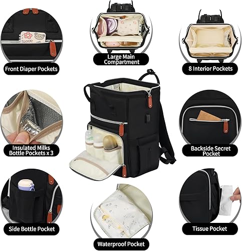 Miniatura 2 de Mochila para pañales para bebé, bolsa de bebé multifunción impermeable con cambiador, bolsillos aislados, bolsa grande para mamá, Negro -, Grande,