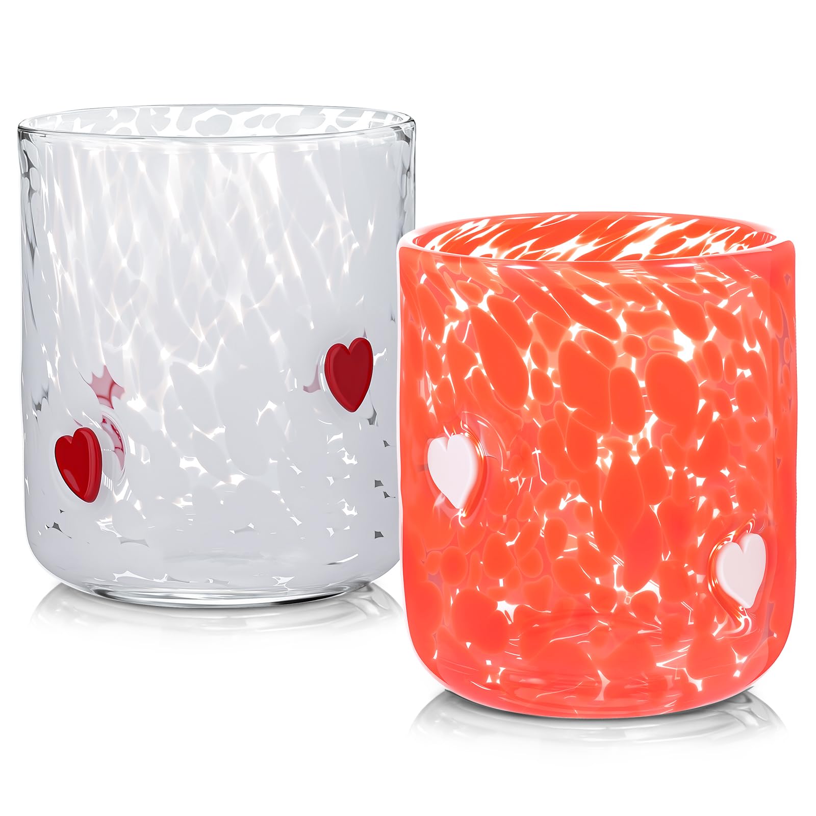 2 Pcs Valentines Day Icon Juice Glasses 14 oz Heart Themed Cute Glass Cups Handblown Stemless Anthropology Glass