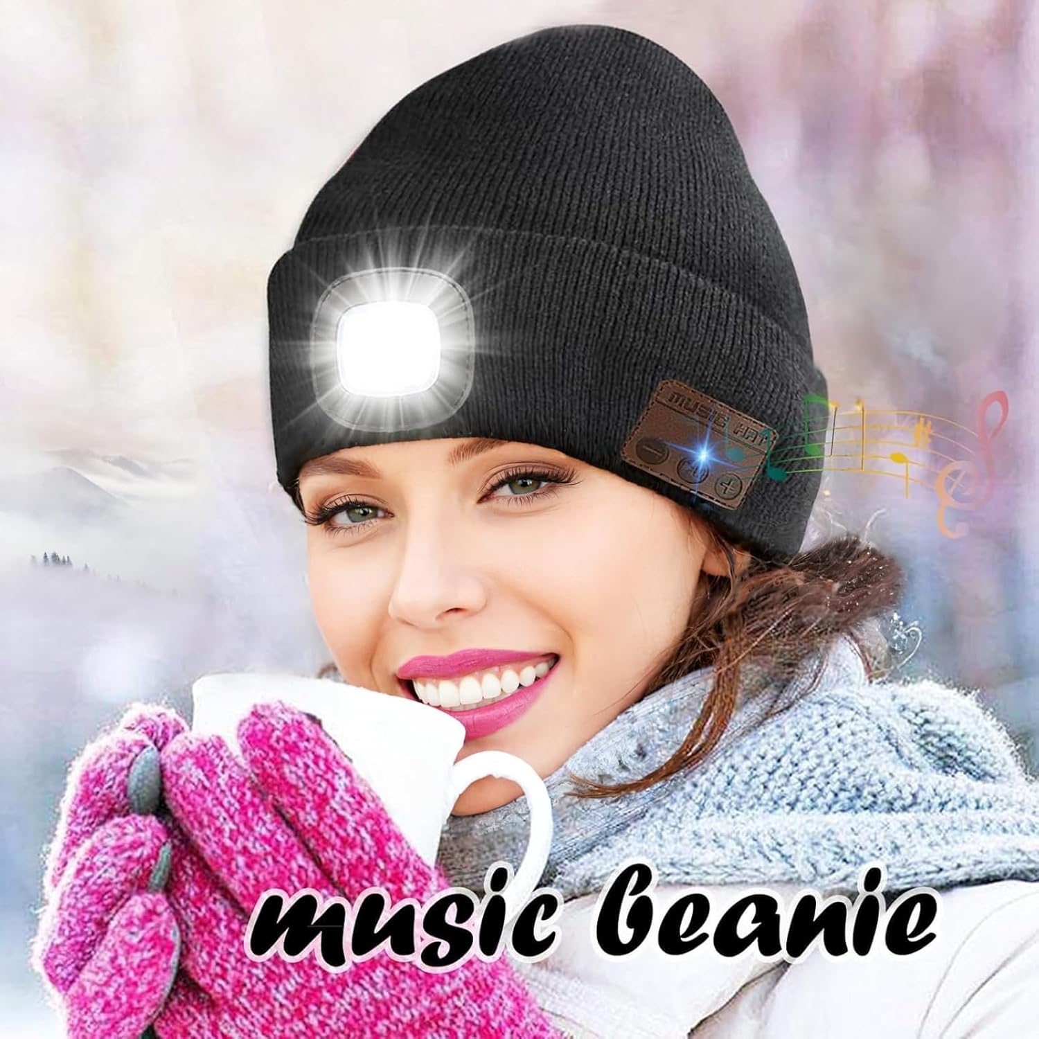Wireless Music Beanie Hat with Light Unisex Musical Knitted Cap Beanie with Light Built-in Speakers Mic Headphone Beanie Hat Gifts for Men Women Running Camping Fishing - Image 3
