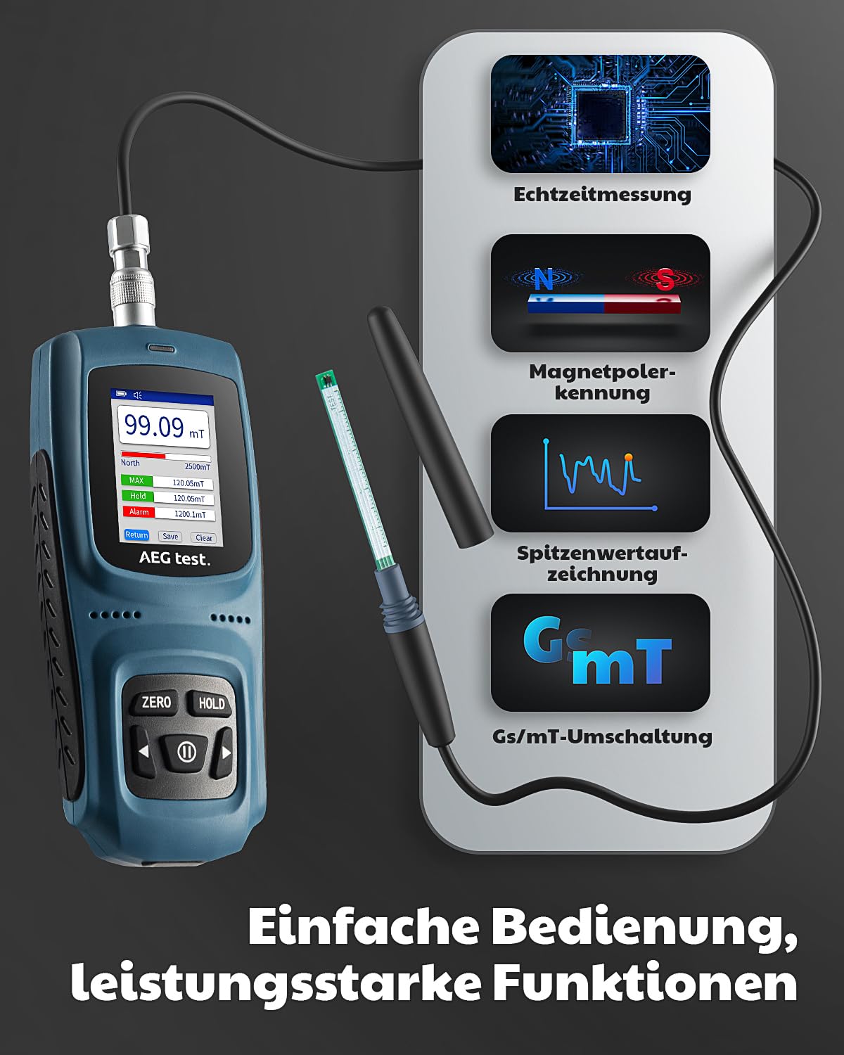 AEG-8103 Gaussmeter, wiederaufladbares Teslameter 0-2500mT, Magnetometer mit Datenaufzeichnung und Alarm, Magnetfeldstärke- und Poltester, ±5% allgemeine Genauigkeit für Fabriken, Werkstätten