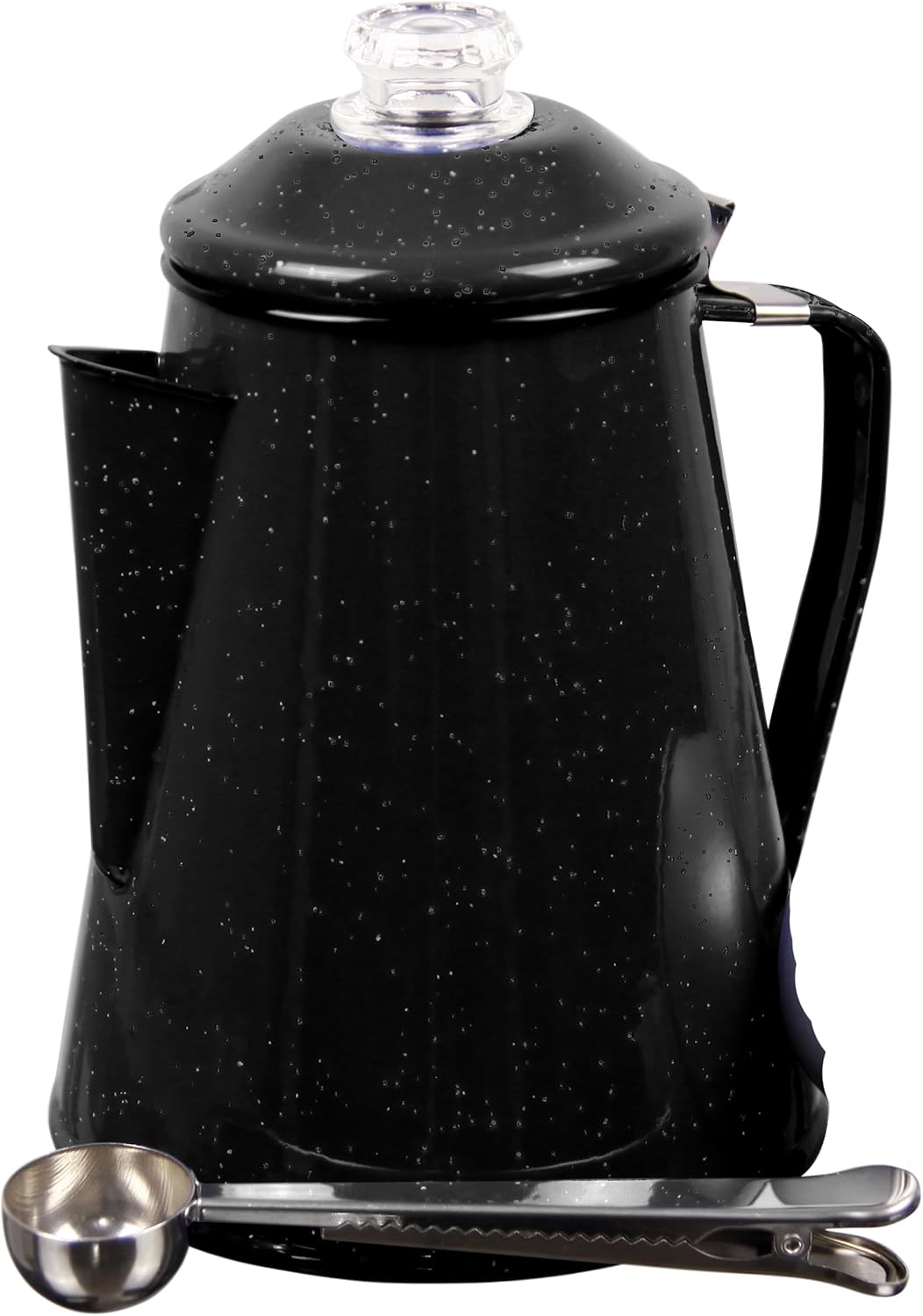 IN FUSION Camping Boiler Enamel Coating And Glass Cap For Backpacking, Campsite, Kitchen, Over Stove And Pot Makes 12 Cups Comes With Stainless Steel Spoon (Black) No Basket