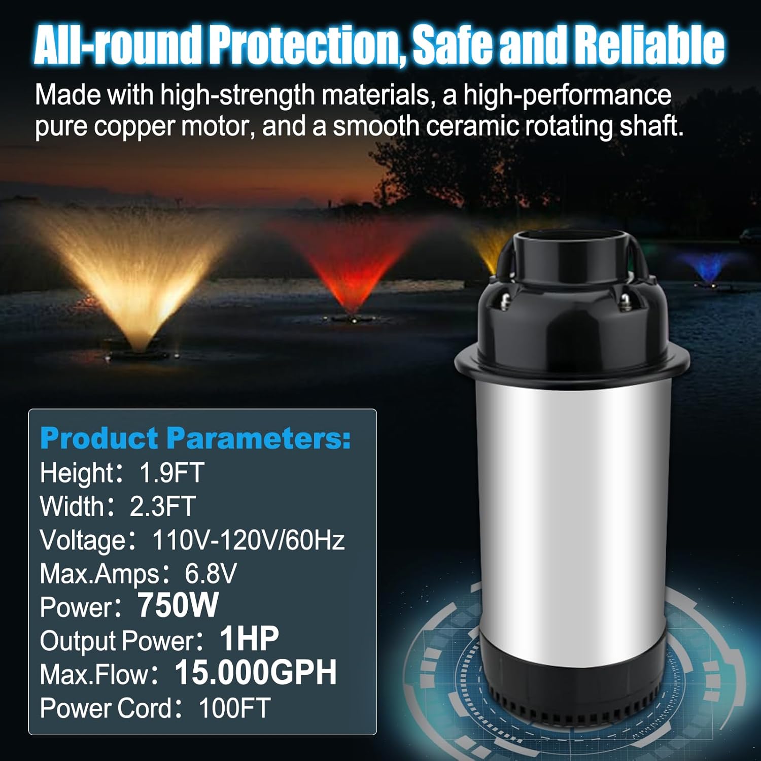 Pond Fountain Aerator with Lights RGB LED, 1HP 750W Floating Pond Fountain for Outdoor, 110V 15000 GPH Aerators Fountains Pump for Lake Garden Yard with 2 LED Lights 100ft Power Cord