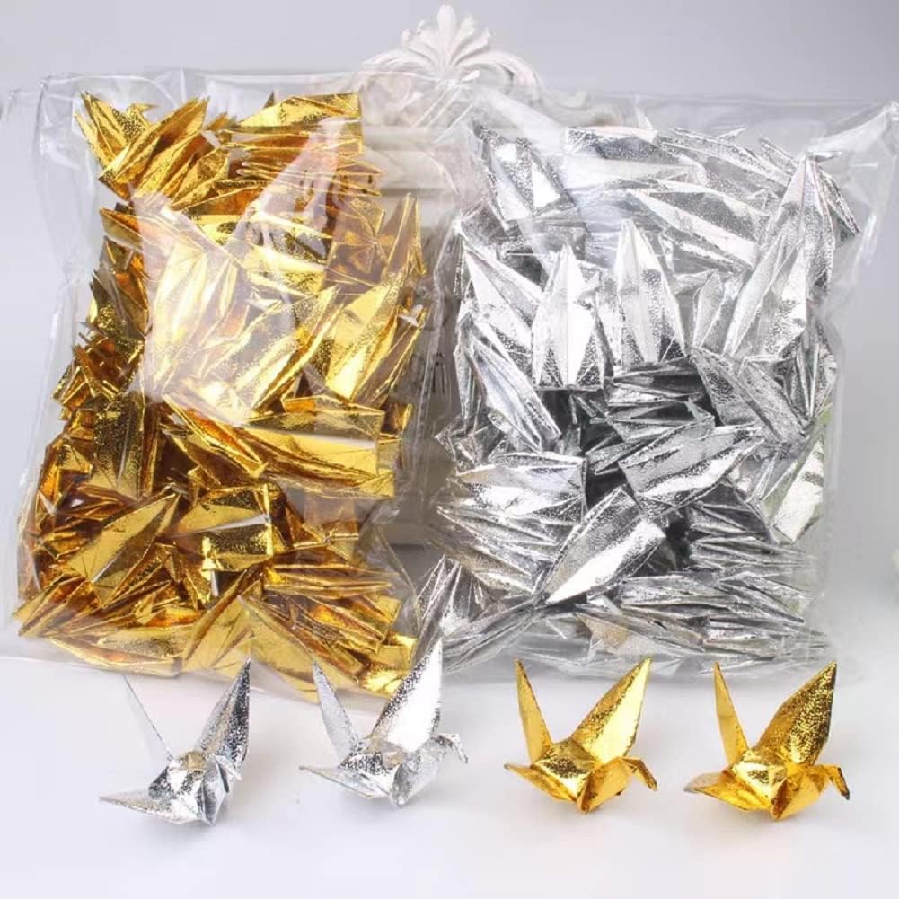 100 grúas de papel de origami iridiscentes plateadas de 3.94 pulgadas, plegadas, 1000 grúas japonesas, cuerda móvil, guirnalda de palomas para el