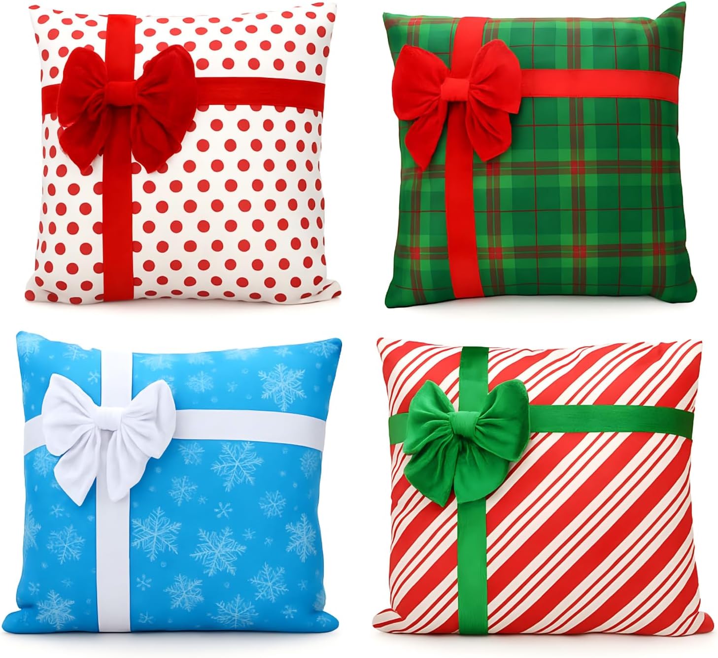 Breling 4 Set Christmas Pillow Covers 3D Bows Gift Box Pillow Cases 20 x 20 Inch Dot Stripe Plaid Snowflake Xmas Winter Cushion Cases for Christmas Home Chair Bed Sofa Cushion Decor
