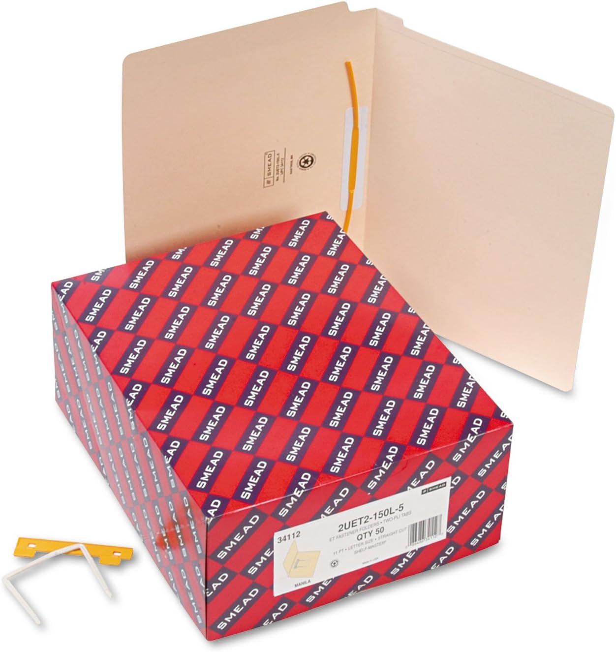 Smead End Tab Fastener File Folder, Shelf-Master® Reinforced Straight-Cut Tab, 1 U-Clip Fastener, Letter Size, Manila, 50 per Box (34112)