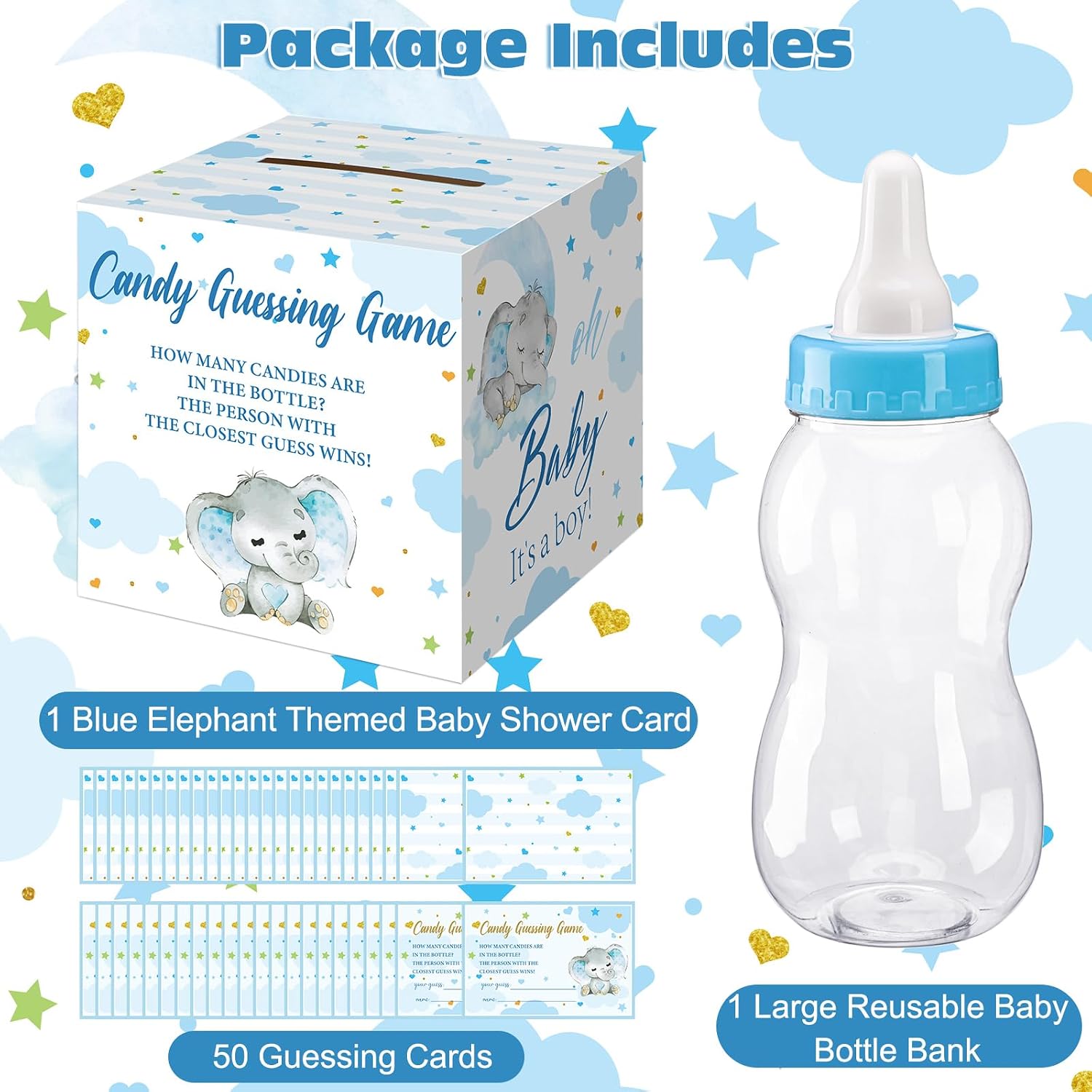 Glenmal 52 Pcs Baby Shower Games Gift Sets Large Baby Bottle for Shower Game Guess How Many Candies Decorations for Gender Reveal(Blue Elephant) image 4