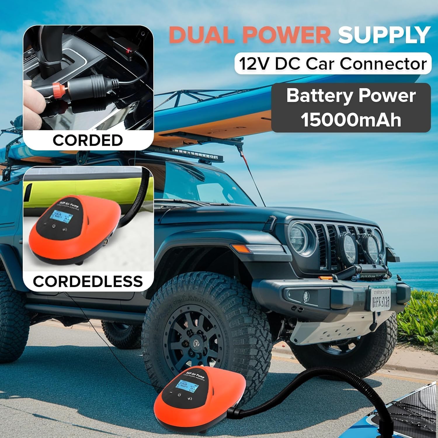TONSIM Pompa Elettrica SUP Ricaricabile 20 PSI – Alta Pressione, Gonfiaggio e Sgonfiaggio Rapido, Batteria Integrata e Adattatore 12V DC per Auto – Perfetta per SUP, Kayak, Gommoni, Campeggio