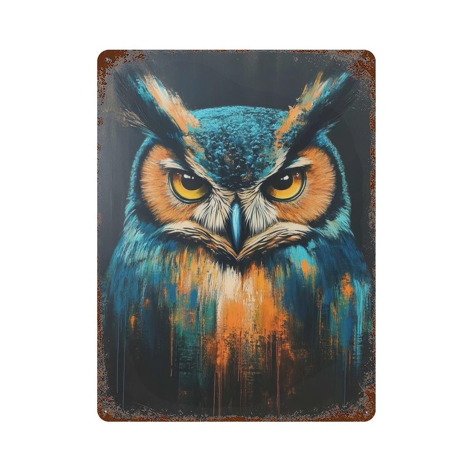 Owl Painting Vintage Rust Metal Sign 15.7"x11.8", Retro Wall Decor for Garage, Pub Or Kitchen