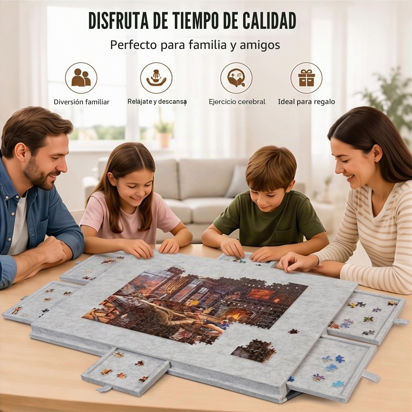 Tapete Puzzle 1000 Piezas con 6 Cajones y Tapa,Soporte Inclinable | Portátil Mesa Puzzle Plegable con Soporte Antideslizante,Tablero Rompecabezas Portátil para Adultos y Niños(Gris)