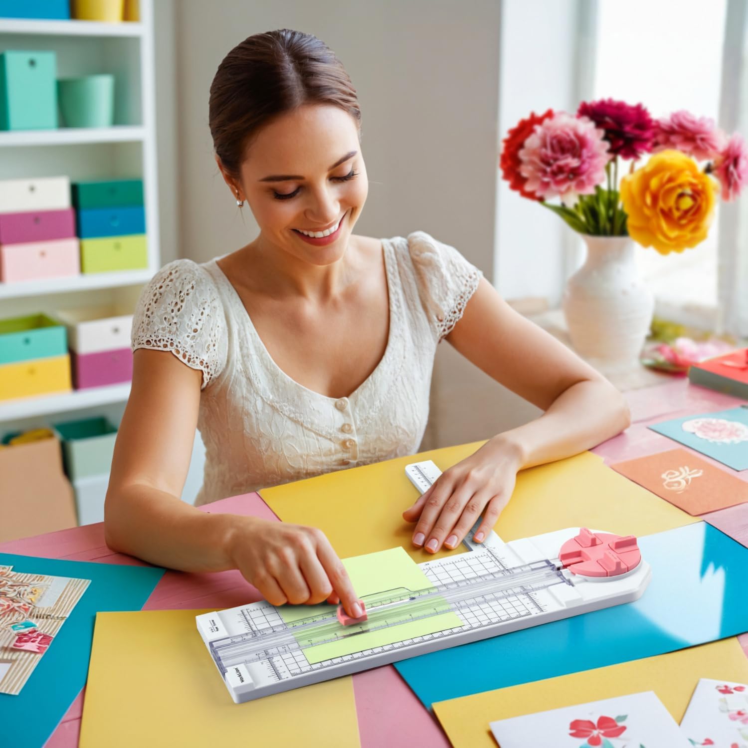 Paper Cutter for Craft：Paper Trimmer, Perforator, Folding, Pinking Cutting on Paper, Vinyl, Cardstock, Photo for Scrapbooking and Cardmaking Plus Sideways Ruler, Pink, Worklion