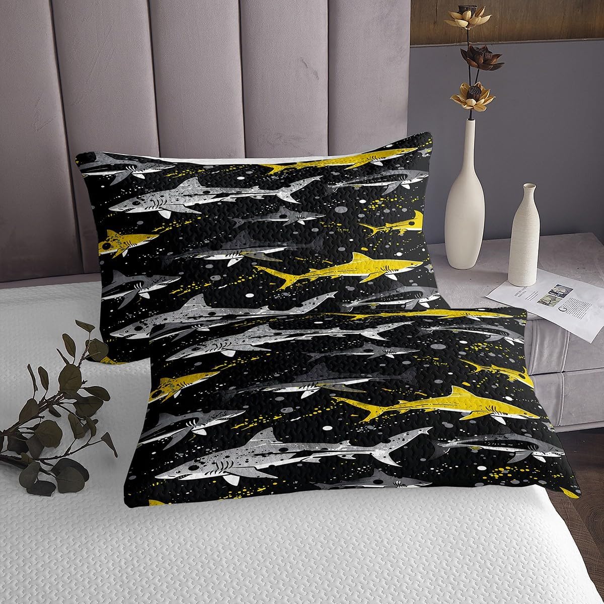 Erosebridal Shark King Bedding Set,Black Yellow Cartoon Sharks Bedspread Set for Boys Girls Bedroom Decor,Marine Life Coverlet Set,Summer Ocean Themed Bed Set 3 Pcs with 2 Pillow Cases