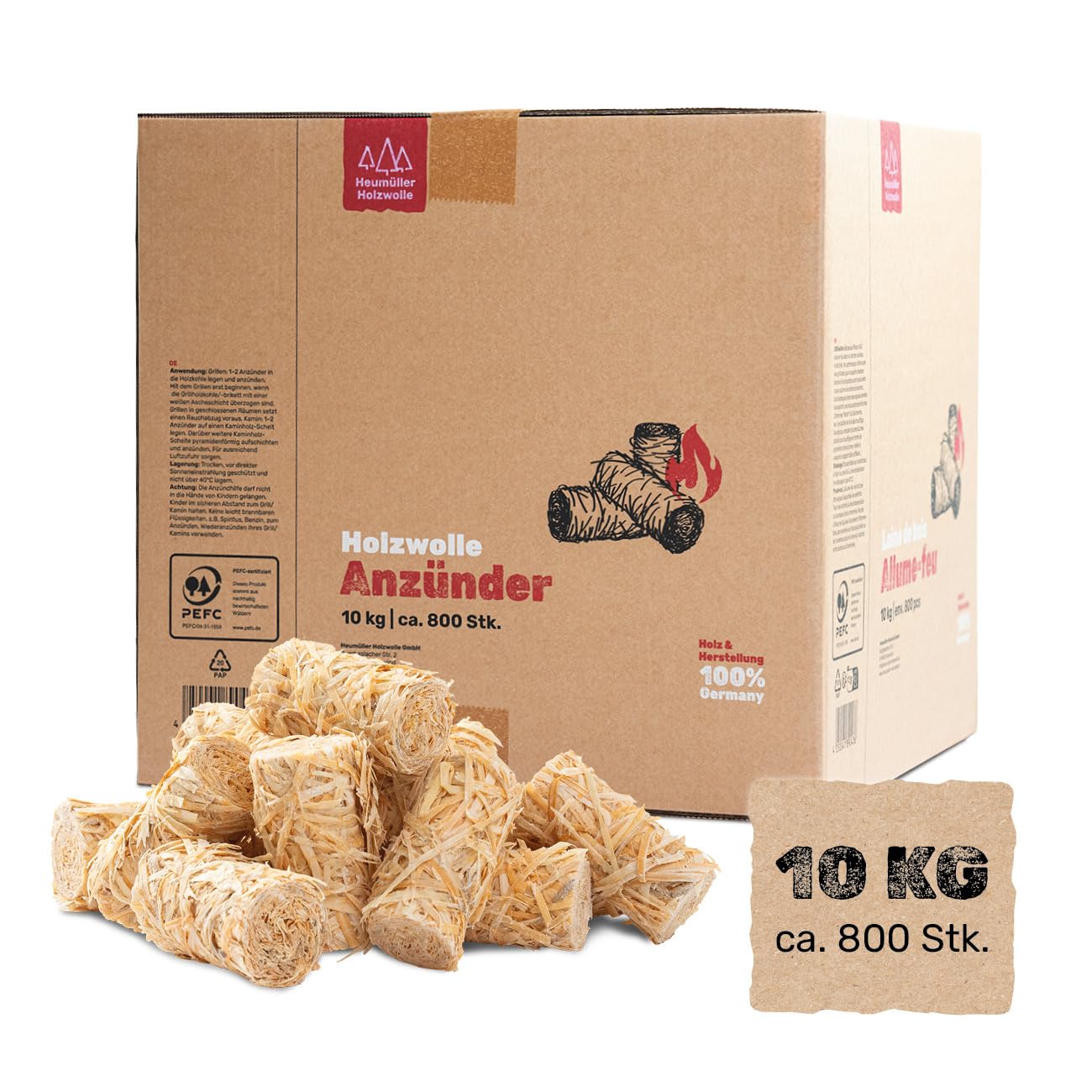 Heumüller Holzwolle 10 kg (ca. 800 Stück) Holzwolle-Anzünder Kaminanzünder | Öko-Anzünder aus Holzwolle & Wachs | Lange Brenndauer & geruchsneutral | Ideal für Kamin, Grill & Feuerstellen