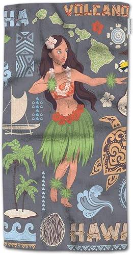 HGOD DESIGNS Toalla de mano hawaiana, juego vintage de iconos y símbolos hawaianos, toalla de mano volcánica de guitarra para niña, ideal para baño,