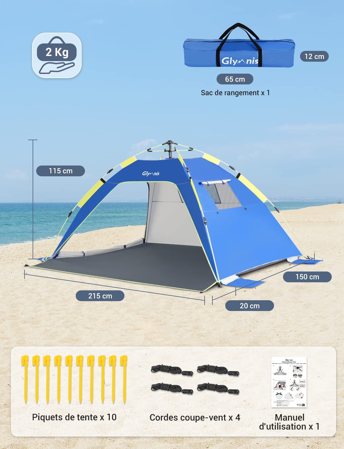 Glymnis Tente de Plage pour 3 à 4 Personnes – Protection Solaire Automatique UPF 50 + Anti-UV – Étanche avec Sac de Transport pour Camping, Plage, Pique-Nique, extérieur, Maison, Jardin, intérieur