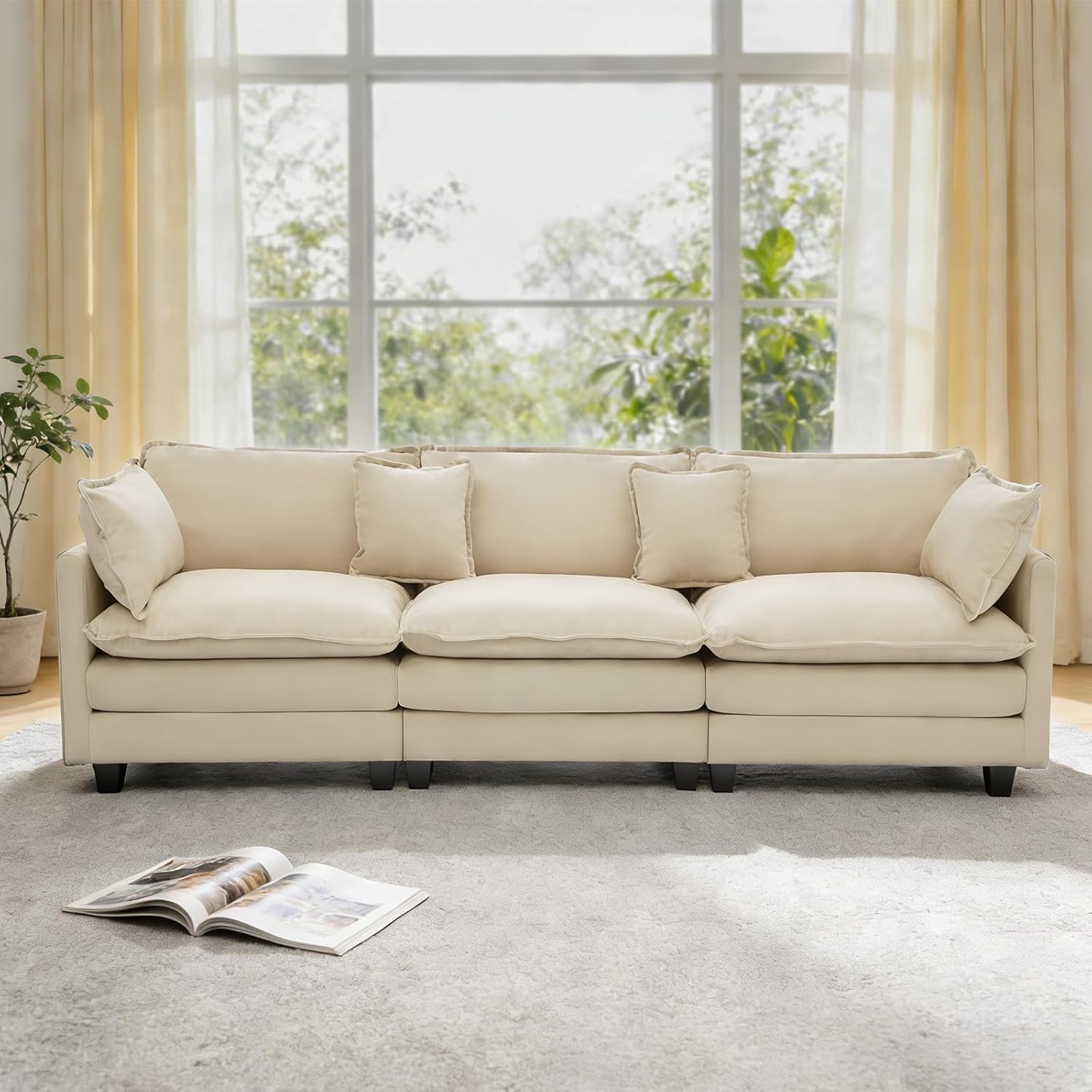 Redlife 113" Modular Sectional 3-Seater Sofa Couch, Chenille Upholstered Sofa with Spring & Double Foam Cushion System, Removable Covers, Easy to Assembly, Beige