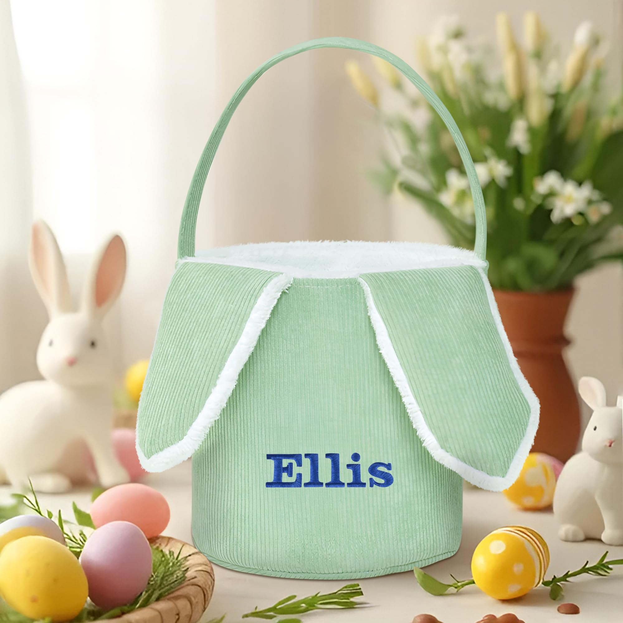 Easter Basket for Kids, VAPCUFF Easter Bunny Basket, Personalized Easter Baskets, Easter Basket with Name - - Green Basket With Bunny Ear