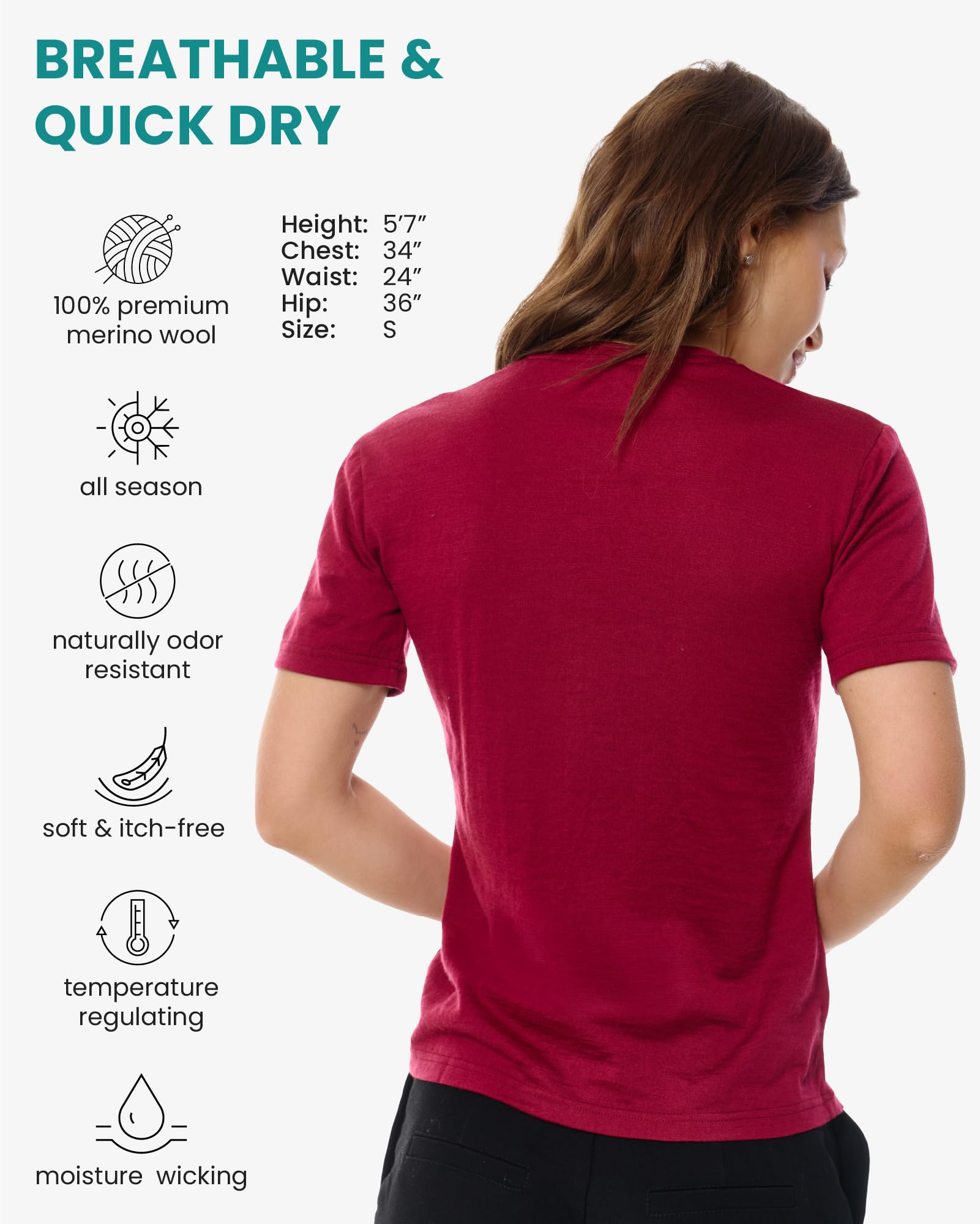 Merino.tech Maglietta Donna - T Shirt Lana Merino Manica Corta, 100% Intimo Lana Merinos Donna (Dark Red Crewneck, Large)