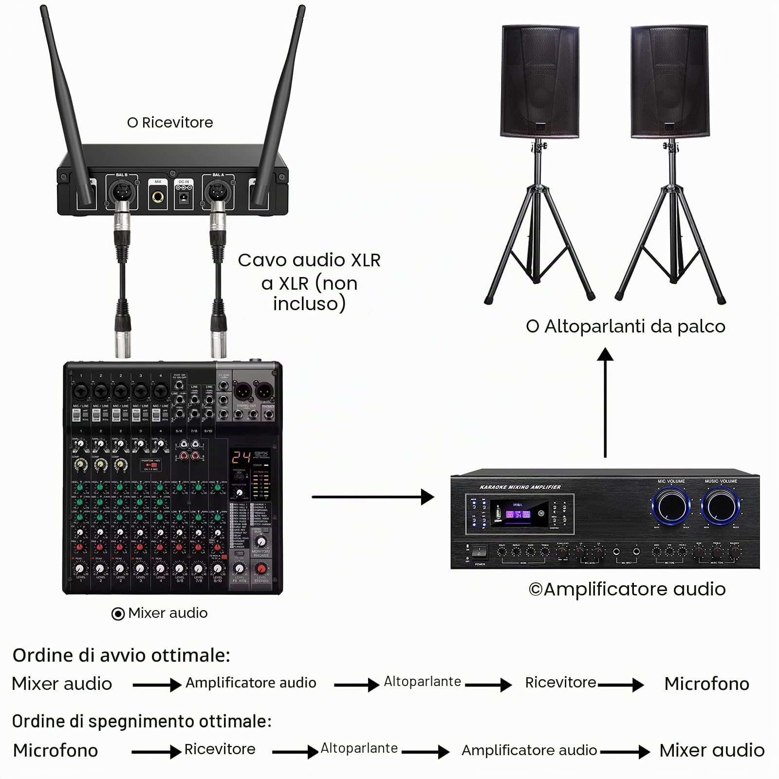 Microfono Wireless Professionale UHF con Ricevitore e 2 Microfoni a Mano in Metallo Dinamici – Sistema Microfoni Wireless per Karaoke, Feste, Matrimoni, Chiesa, Casa, DJ e Riunioni, 60m