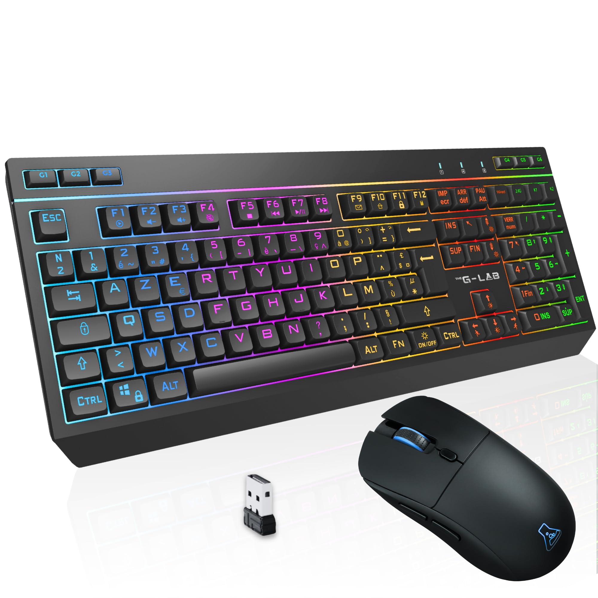 The G-Lab - Tungsten EX Combo - Bezprzewodowa mysz - Potrójne połączenie 2,4 GHz/BT/przewodowe - AZERTY FR Gamer Keyboard RGB & Makra Custom - Bezprzewodowa mysz do gier 6400DPI - PC/PS4/PS5