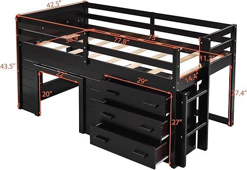 Miniatura 6 de HYC Cama alta baja con almacenamiento cama alta de madera de tamaño individual con armario y estante marco de cama alta para niños y niñas espresso