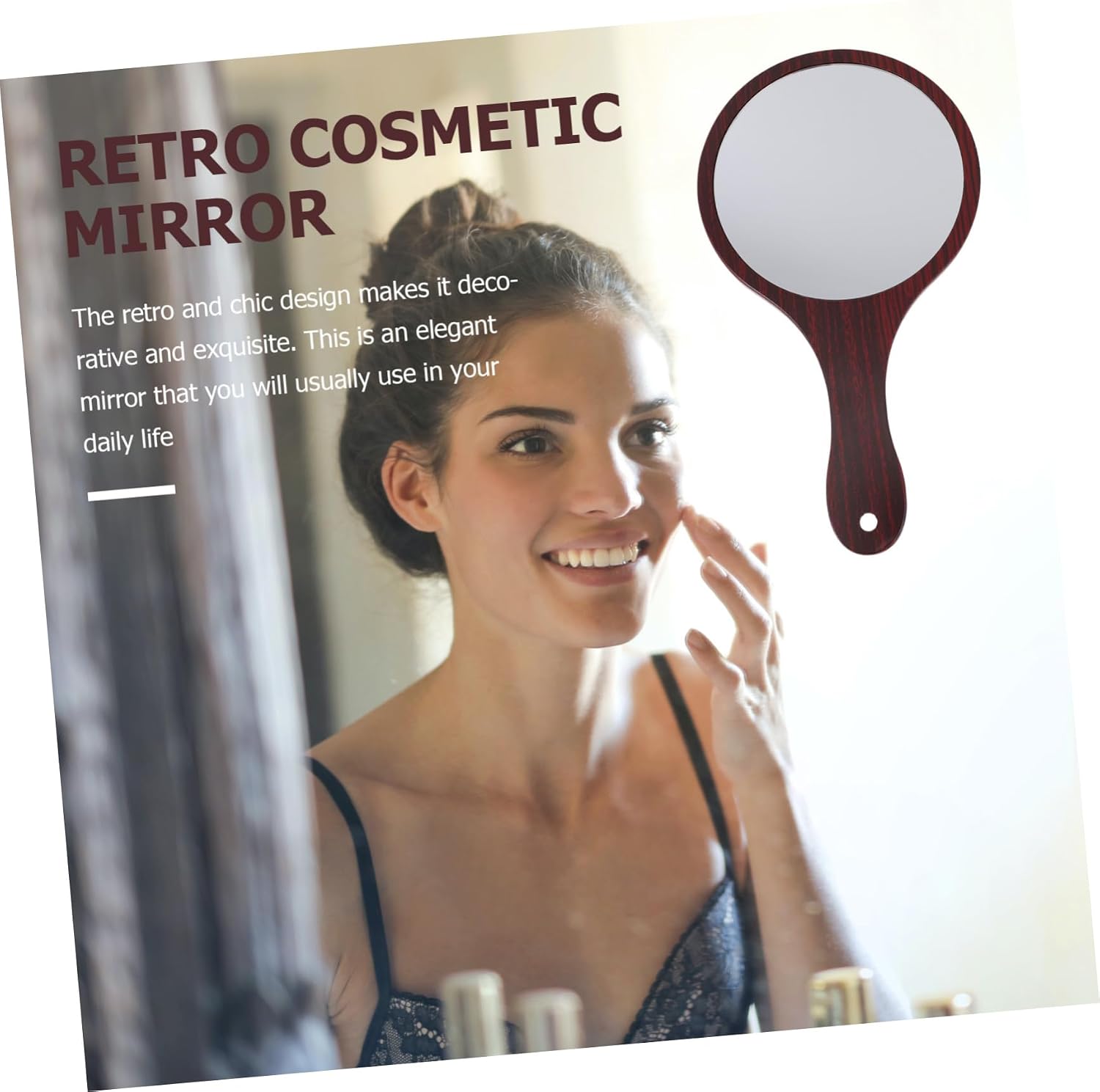 1pc Vintage Wooden Handle Makeup Mirror Retro Handheld Cosmetic Mirror for Travel Home for Women of Ages for Makeup Application and Touch-ups