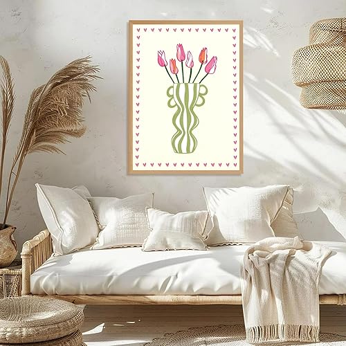 Miniatura 4 de Licpach Jarrón de flores de tulipán moderno, arte de pared, póster floral retro minimalista con tulipán rosa, jarrón a rayas, arte moderno y