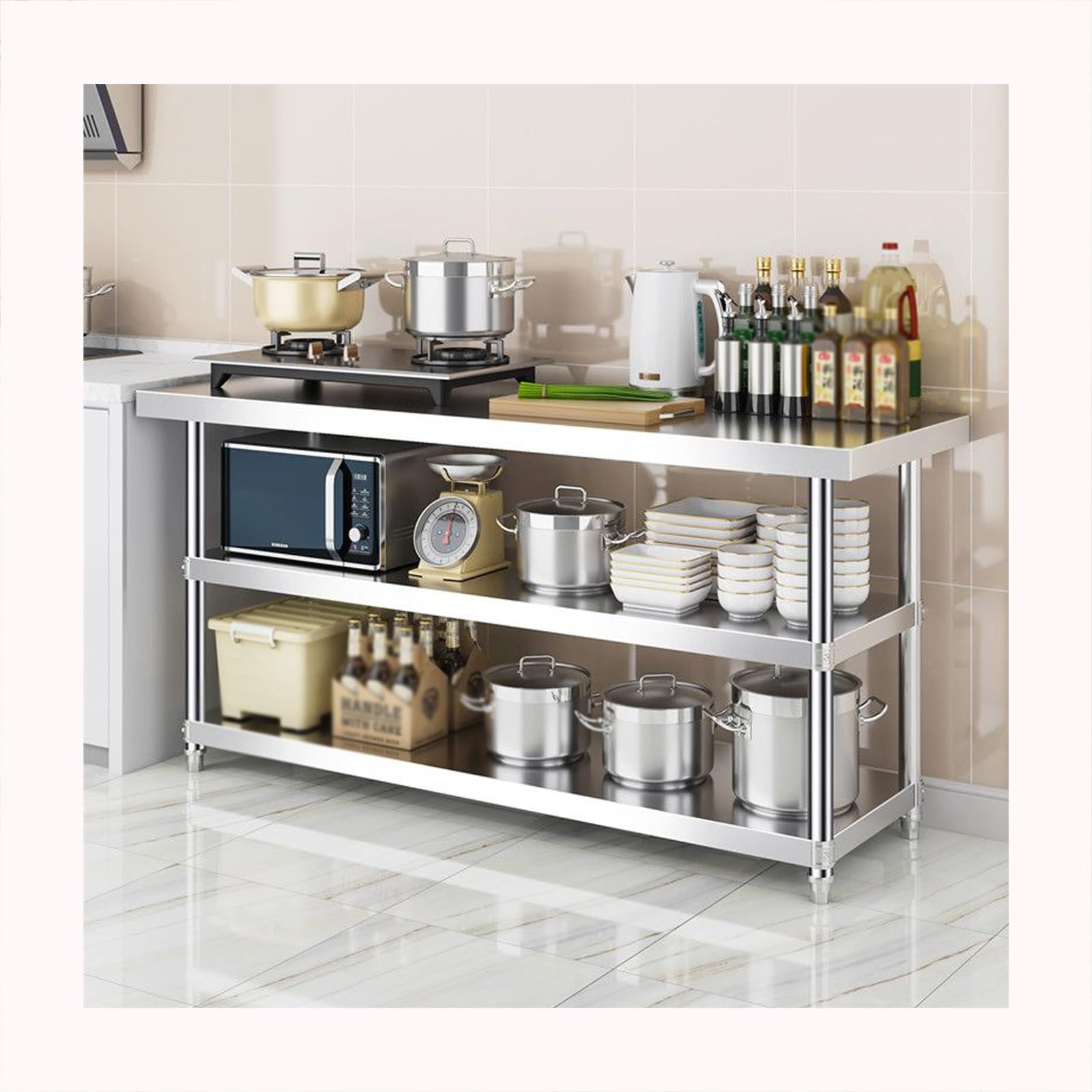 Stainless steel catering workbench, Stainless Table，Three-Layer Design, Neat Space, Reinforced Beams(120 * 40 * 80cm/47.2 * 15.7 * 31.5in)