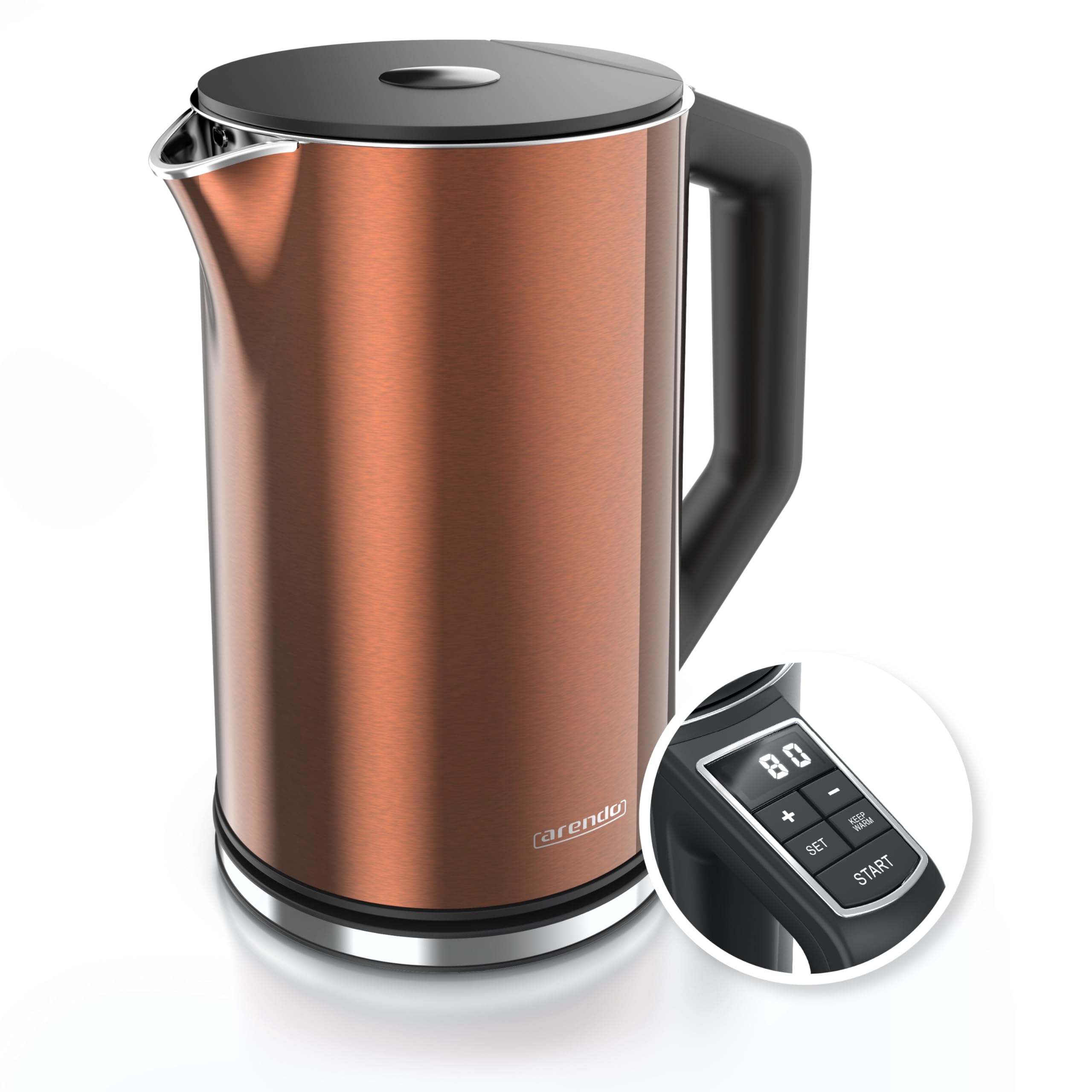 Arendo - Edelstahl Wasserkocher mit Temperatureinstellung 40-100 Grad in 5er Schritten - Doppelwand Design - Modell ELEGANT - 1,5 Liter - 2200 W - Teekocher mit Temperaturanzeige - GS - Kupfer