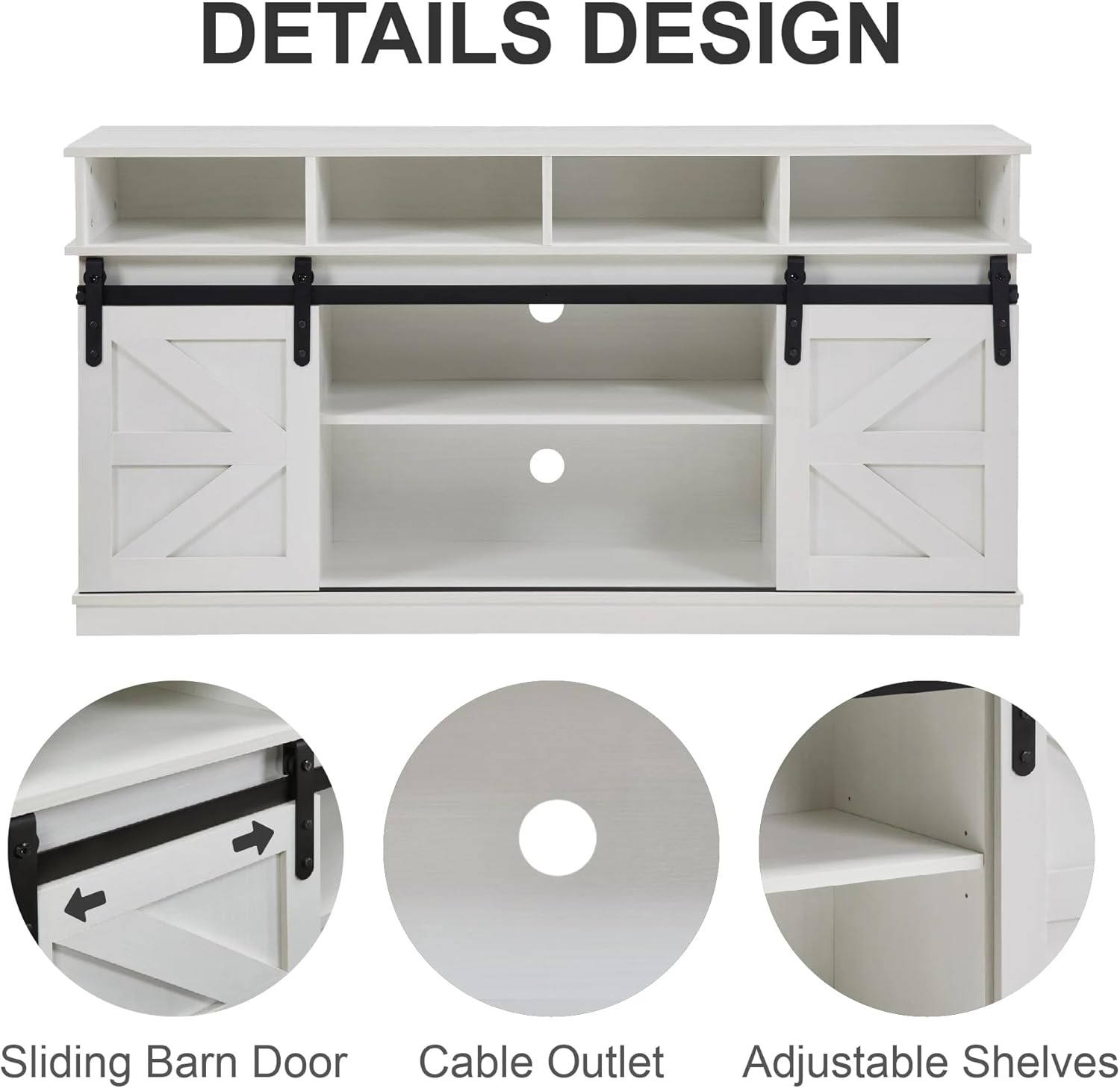 TV Stand Sliding Barn Door Modern&Farmhouse Wood Entertainment Center, Storage Cabinet Table Living Room with Adjustable Shelves for TVs Up to 65" (White, Farmhouse with Open Shelf)