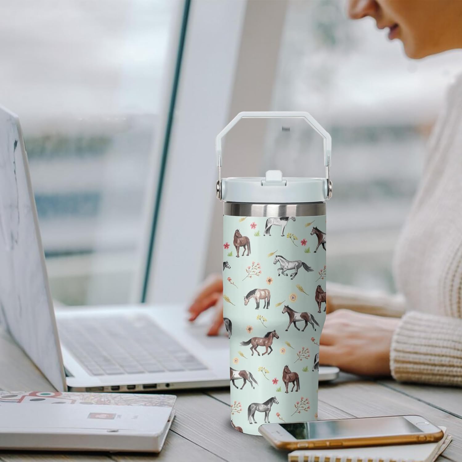 Horse Tumbler with Handle and Flip Straw for Women Men, 30oz Cute Stainless Steel Insulated Cup, Water Bottle Travel Coffee Mug, Gifts for Animal Lovers - Image 5