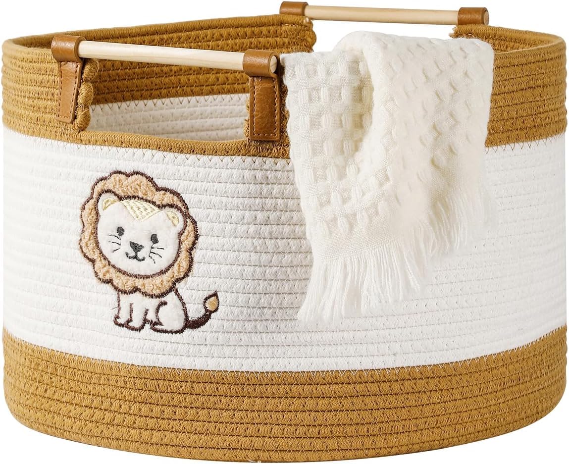 Lion Cotton Rope Toy Storage Basket with Cute Animal Embroidery, Woven Storage Bin with Wooden Handles for Kids Stuffed Animals & Blankets, Nursery Laundry Hamper, Living Room Organiser, 38x20x24cm