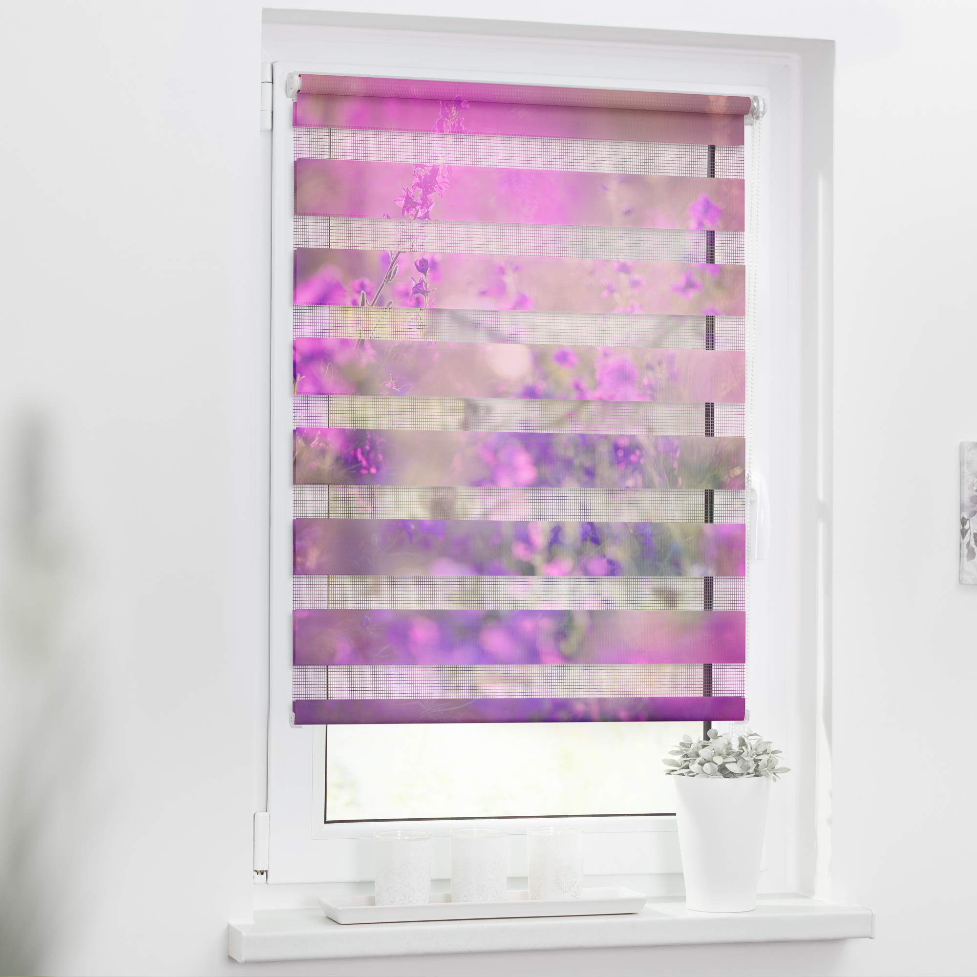 Lichtblick Doppelrollo Klemmfix ohne Bohren mit Motiv, Blumenwiese - Fuchsia Violett, Blickdicht, Made in Germany, Klemmträger 90 cm x 150 cm (B x L)
