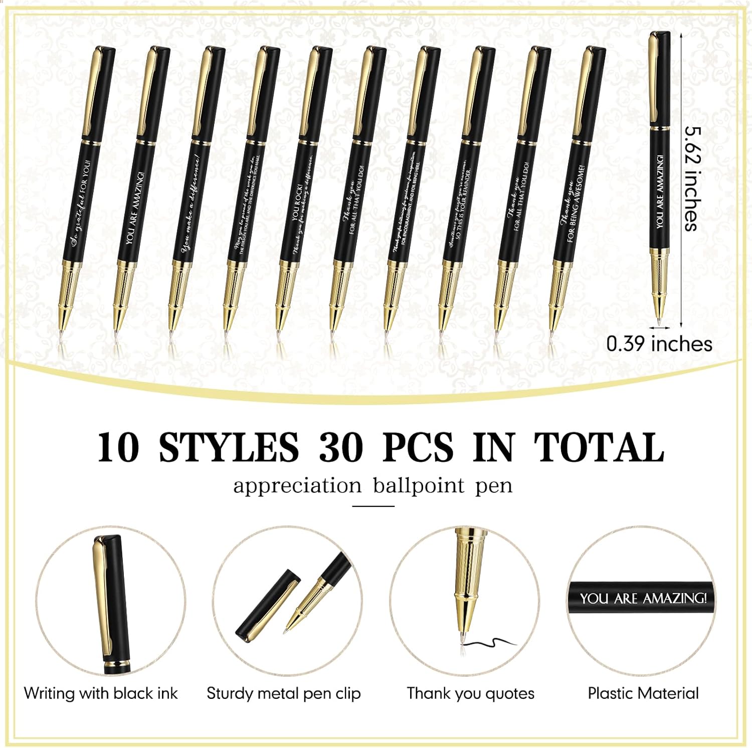 PerKoop 30 Set Thank You Pen Employee Appreciation Graduation Ballpoint Pen with Engraved Inspirational Quotes with Box for Nurse Appreciation Week Teacher Office Black Ink(Black,Mixed) - Image 2