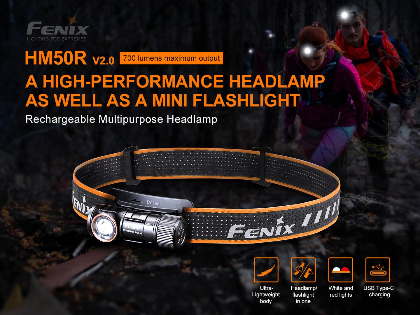 FENIX HM50R V2.0 LED-Stirnlampe, Eck-Taschenlampe, 700 Lumen, rot und weiß Dual-Stromversorgung, Mehrzweck-Stirnlampe Taschenlampe Dual-Use, USB-C wiederaufladbar,rotlicht