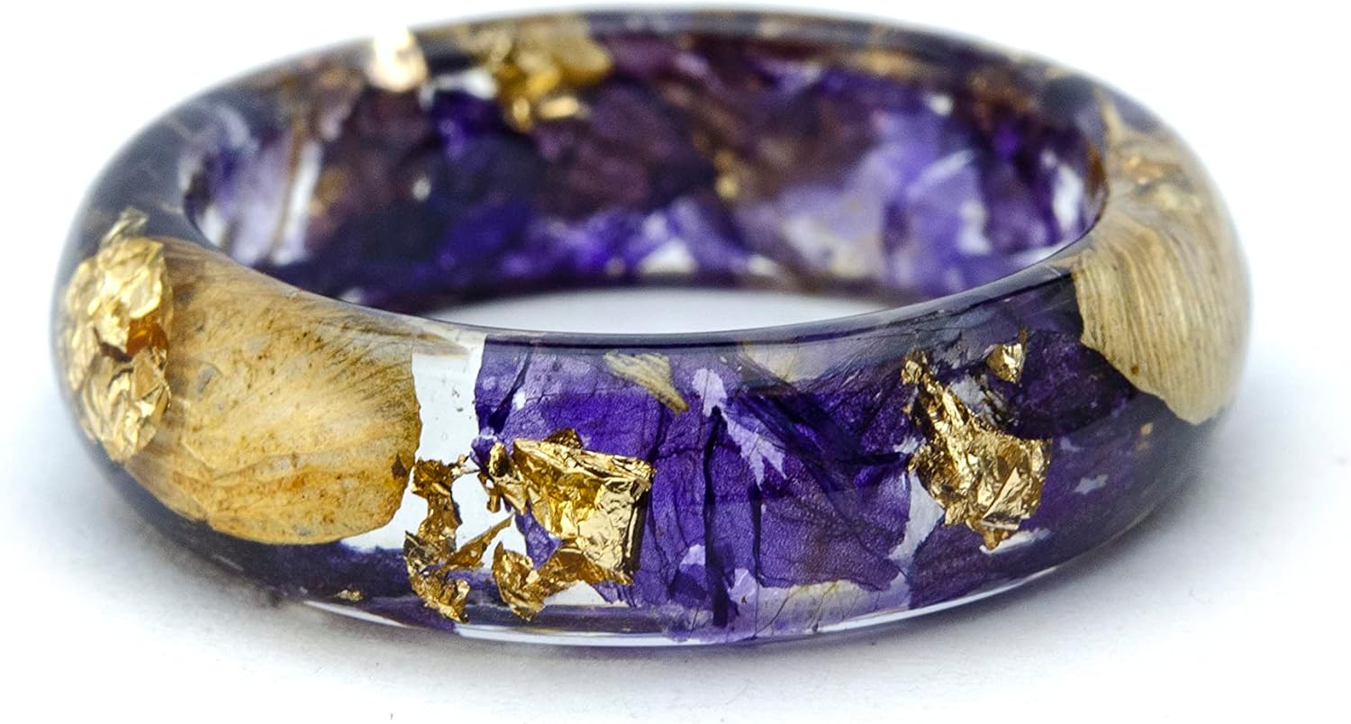 Nature Inspired Engagement Resin Rings with Purple Bells and 24K Gold. Unique Wedding Resin Ring. Wonderful Gift for Couple.