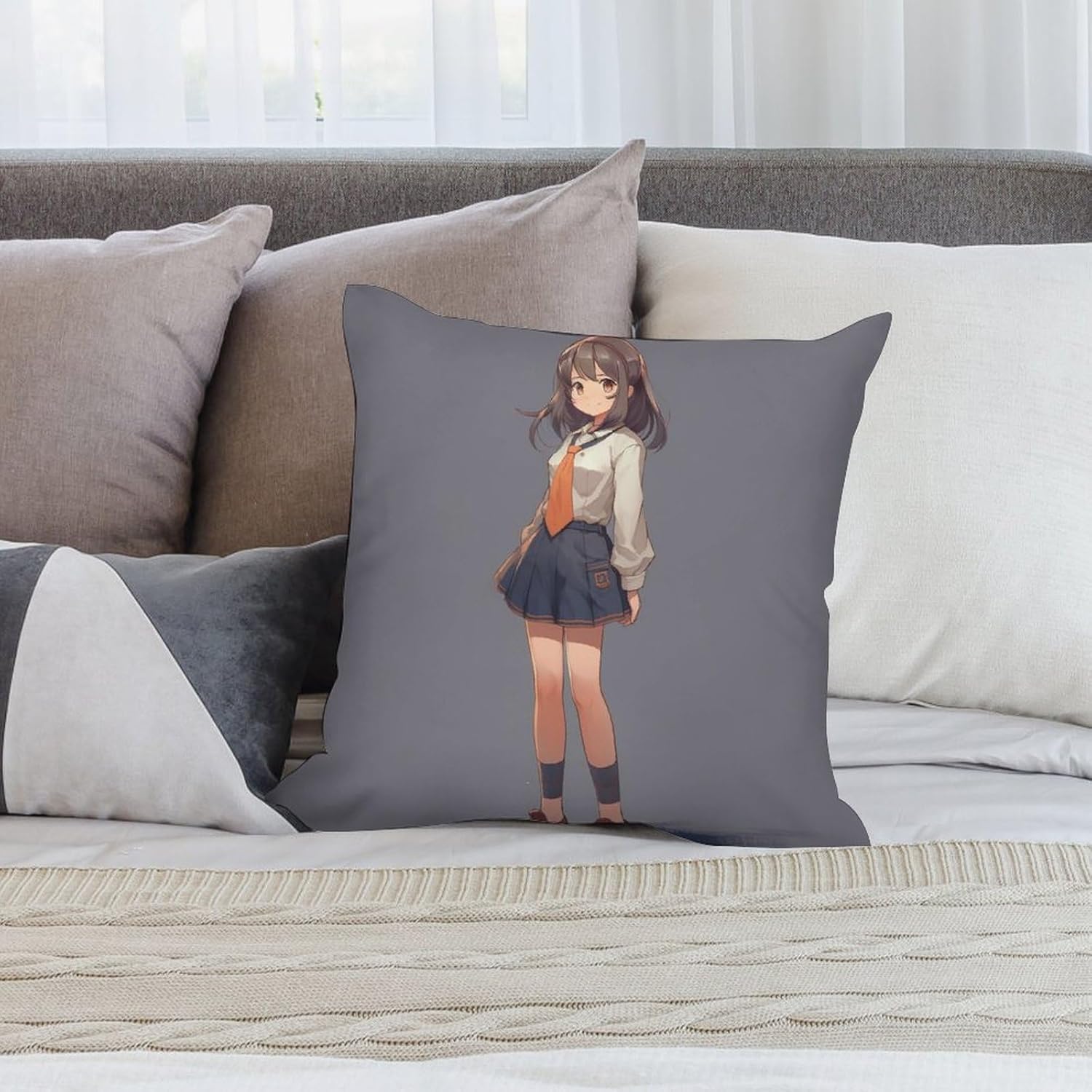 Zippered Pillow Cover, Pillow Protector, Anime Woman in Skirt Printed Pillow Cover of 4, Pillow Not Included