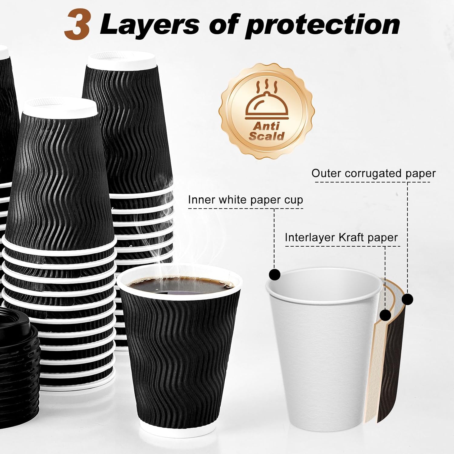 12 oz Coffee Cups with Lids, 60 Pack Insulated Corrugated Paper Cups, Disposable Coffee Cups for Water, Juice, Coffee (Black 12 oz) - Image 4
