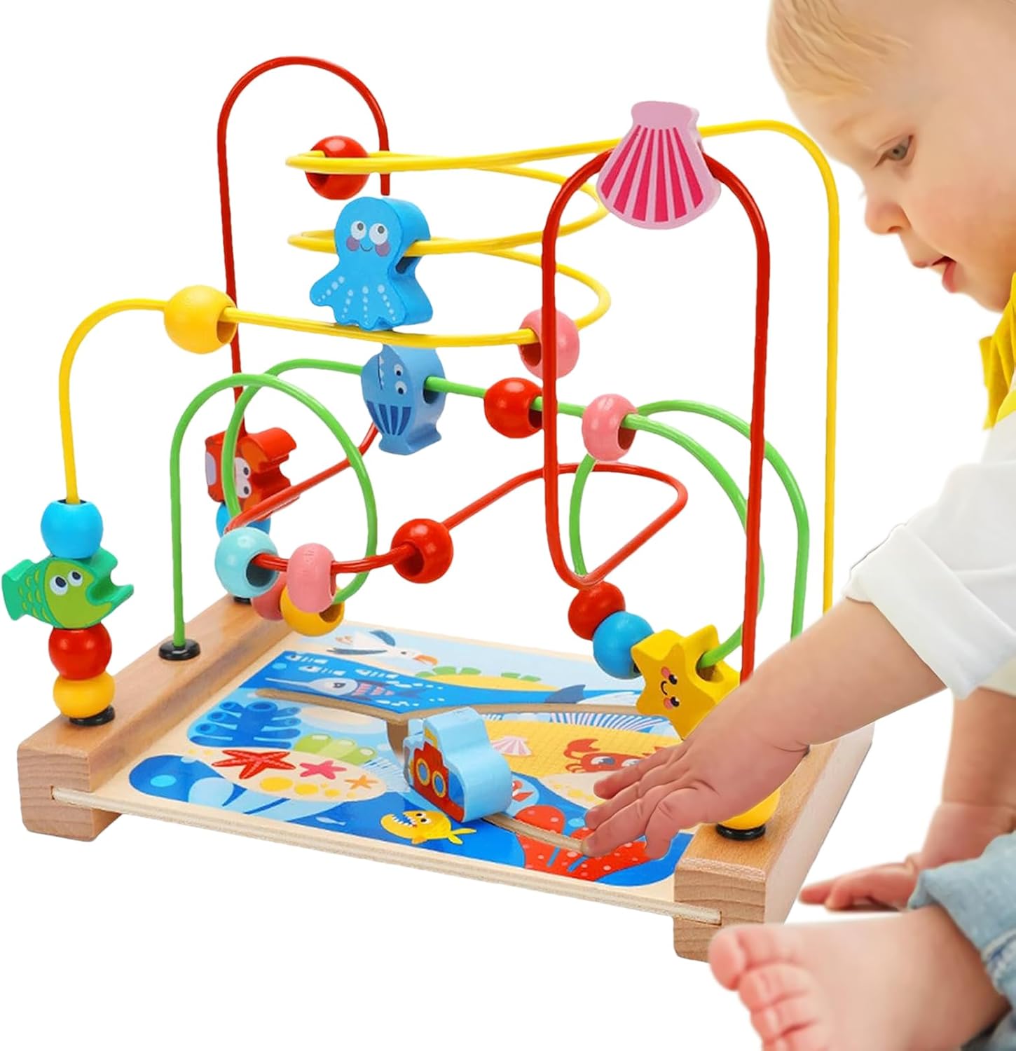 Genérico Bead Maze - Wooden Roller Coaster for Early Learning | Natural Wood Activity Cube with Colorful Sliding Wires & Fine Motor Skill Builder for Playroom Table, Nursery Setup, Preschool Classro