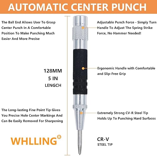 Miniatura 3 de Paquete de 2 perforadores centrales automáticos, perforadores centrales con resorte de 5 pulgadas con herramienta de perforación ajustable para