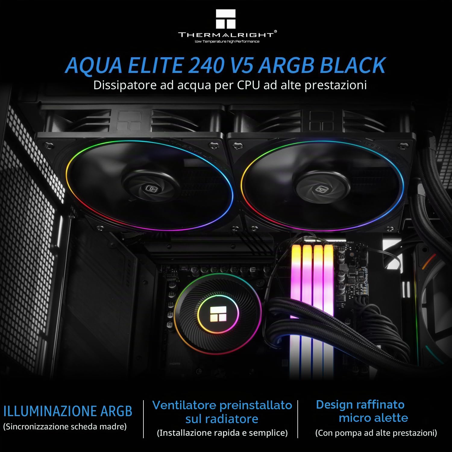 Thermalright Aqua Elite 240 V5 ARGB Nero, Dissipatore di Liquido per CPU da 240 mm, 2x Ventola TL-S12 PWM, per AM4/AM5, Intel LGA115X/1200/1700/1851, Dissipatore AIO per CPU