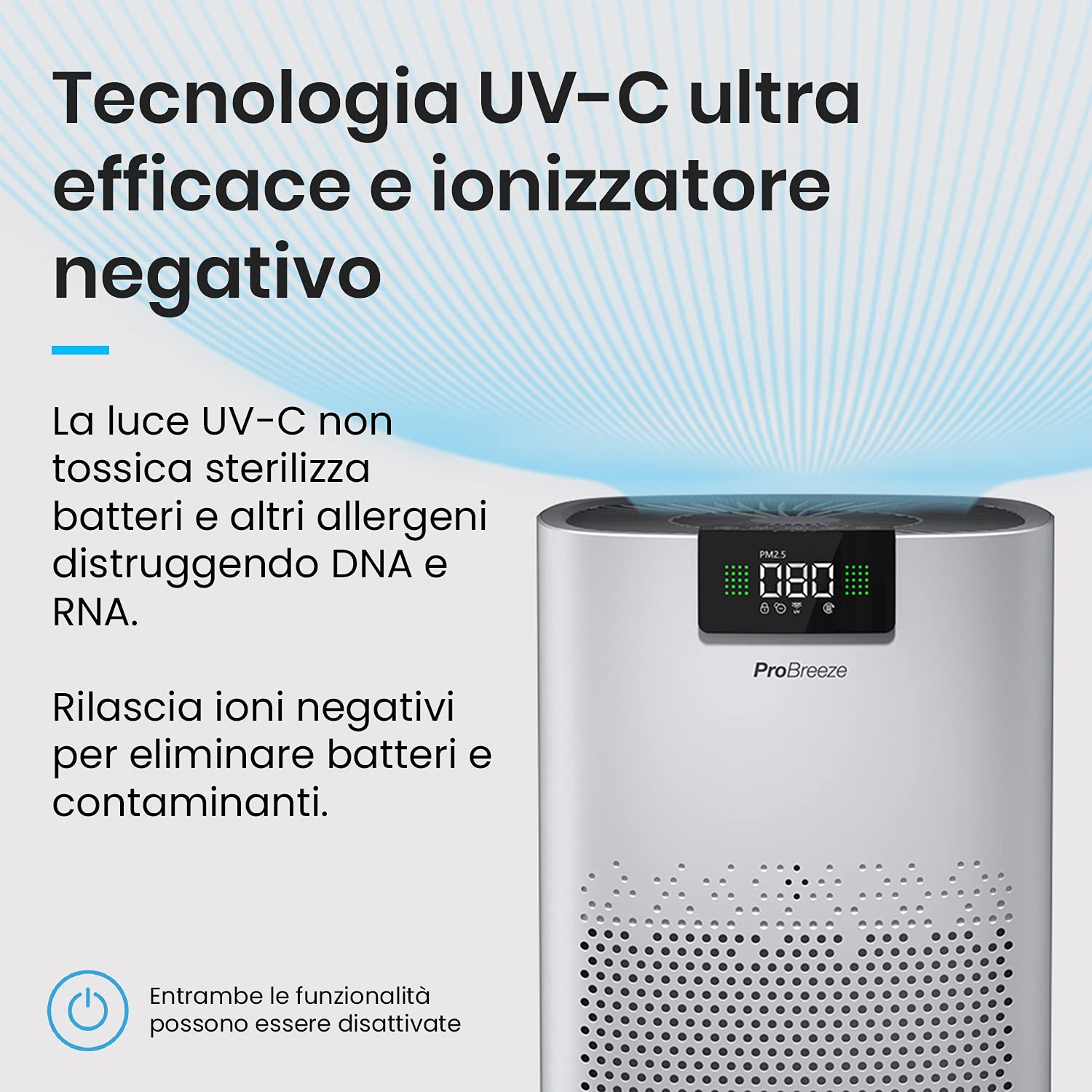 Pro Breeze Purificatore d'Aria Ultra Potente CADR 460 m³/h (140 m²/1500 ft²), Luce di Pulizia UV, Ionizzatore, filtro HEPA13 che cattura il 99,95% delle particelle e allergeni